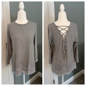 Francesca’s Lace Up Back, Lace Hem Top, M